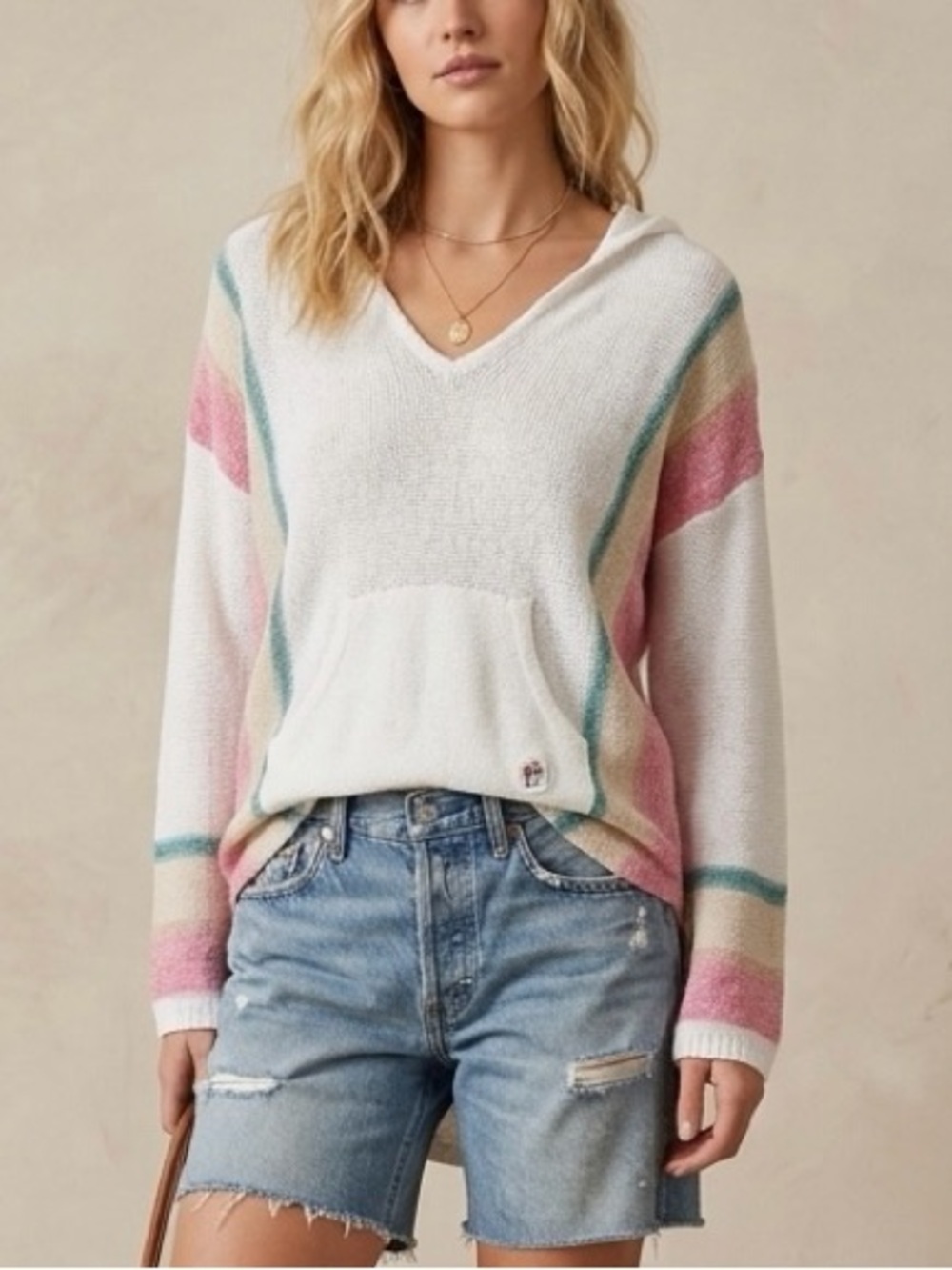 Buc-ee’s Cream Striped Knit Baja Hooded Sweater Pouched